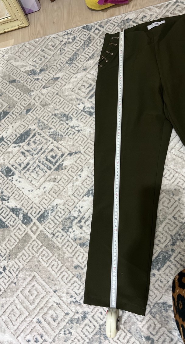 Kadın Haki Kemerli Desenli Kumaş Pantolon - Görsel 3