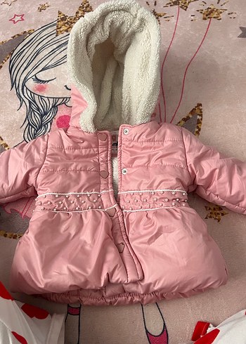 Pembe Kürklü Bebek Kız mont 9 Ay - Görsel 5