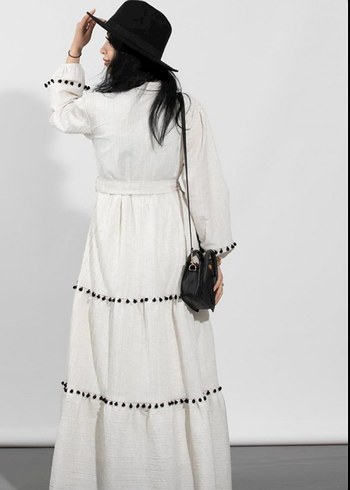 Püsküllü Beyaz Bohem Uzun Elbise - Görsel 2