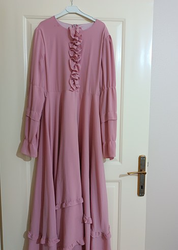 Pembe Uzun Kollu Fırfırlı Kadın Elbise - Görsel 2