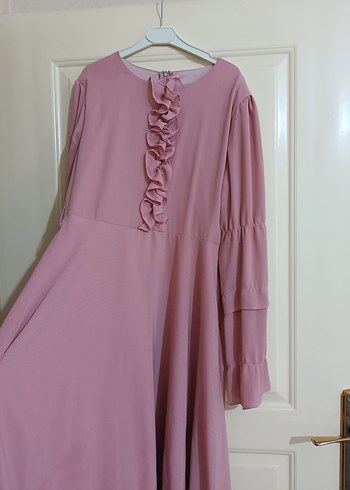 Pembe Uzun Kollu Fırfırlı Kadın Elbise - Görsel 7