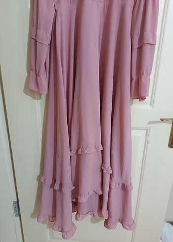 Pembe Uzun Kollu Fırfırlı Kadın Elbise - Görsel 3