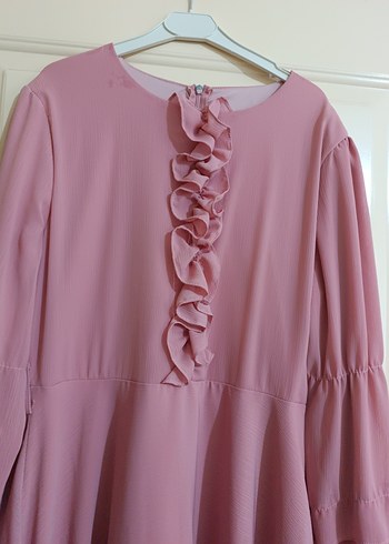 Pembe Uzun Kollu Fırfırlı Kadın Elbise - Görsel 4