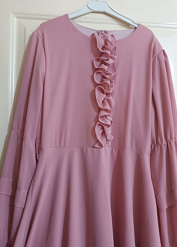 Pembe Uzun Kollu Fırfırlı Kadın Elbise - Görsel 8