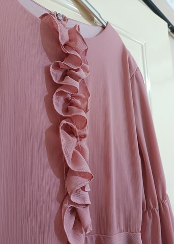 Pembe Uzun Kollu Fırfırlı Kadın Elbise - Görsel 6