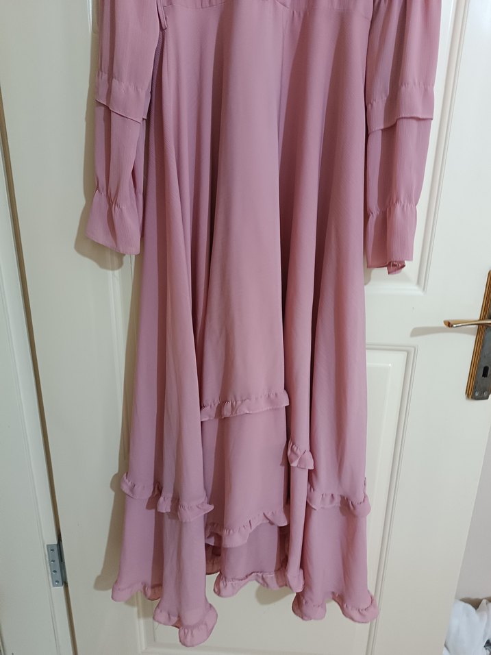 Pembe Uzun Kollu Fırfırlı Kadın Elbise - Görsel 3