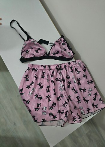 Kedi Desenli, Kadın Şortlu Saten Pijama - Görsel 2