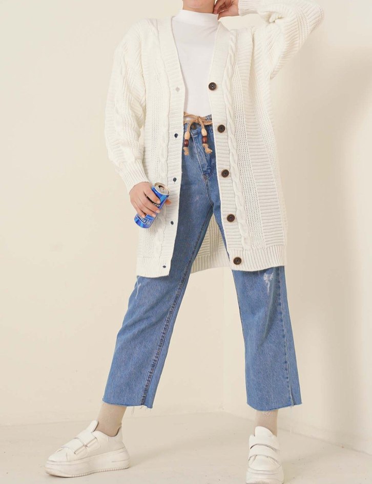 Düğmeli Beyaz Midi Triko Hırka - Görsel 2