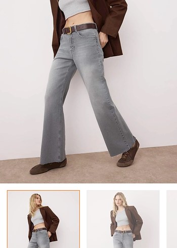 Bej Kemerli Gri Geniş Paça Kadın Jean - Görsel 2