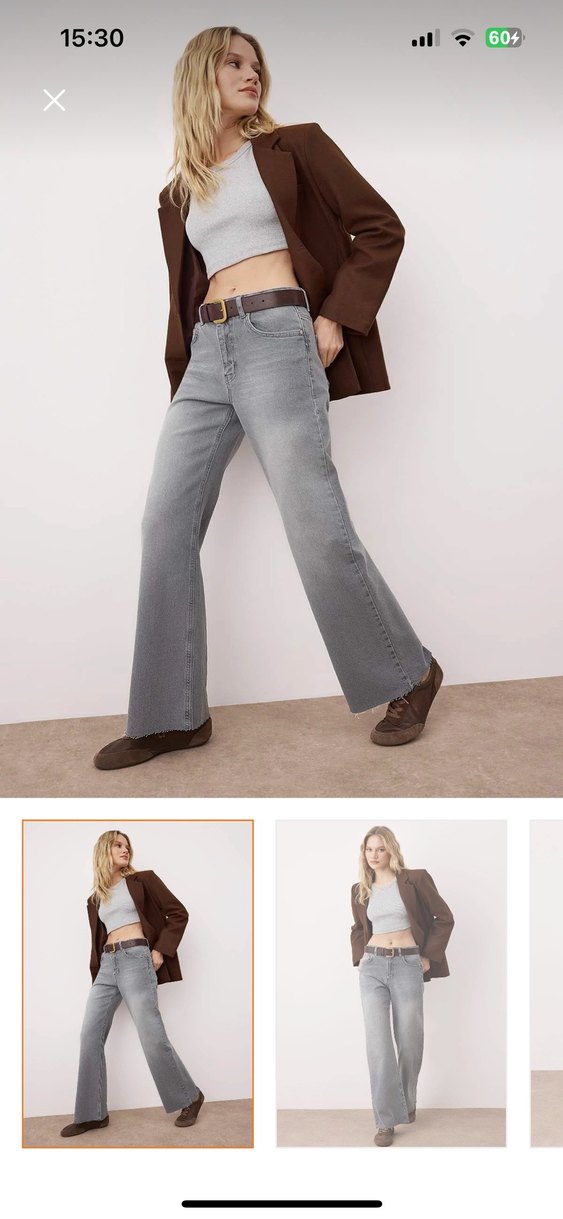 Bej Kemerli Gri Geniş Paça Kadın Jean - Görsel 2