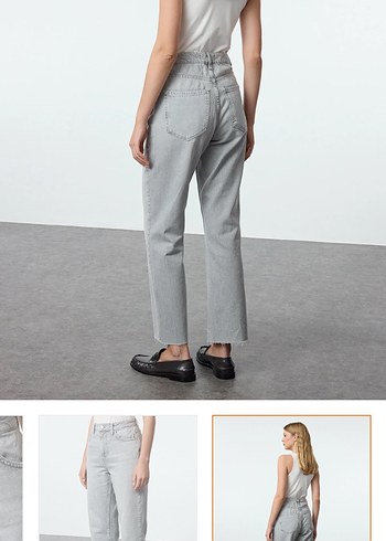 Gri Kadın Denim Kemerli Normal Paça Pantolon - Görsel 3