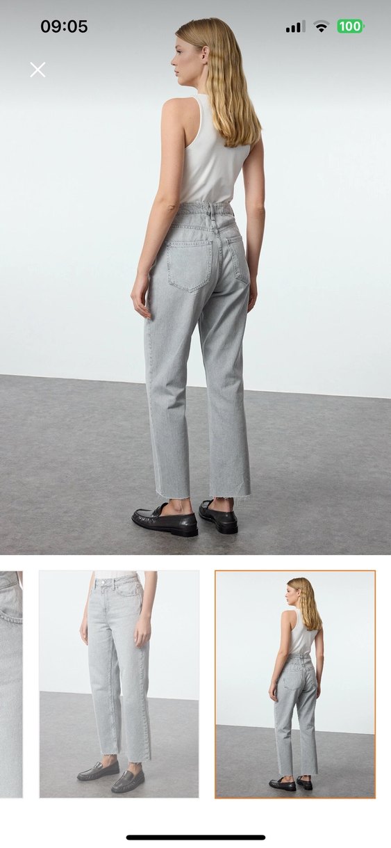 Gri Kadın Denim Kemerli Normal Paça Pantolon - Görsel 3