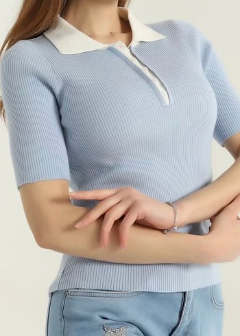 Düğmeli Bej Yakalı Kısa Kollu Kadın bluz - Görsel 2