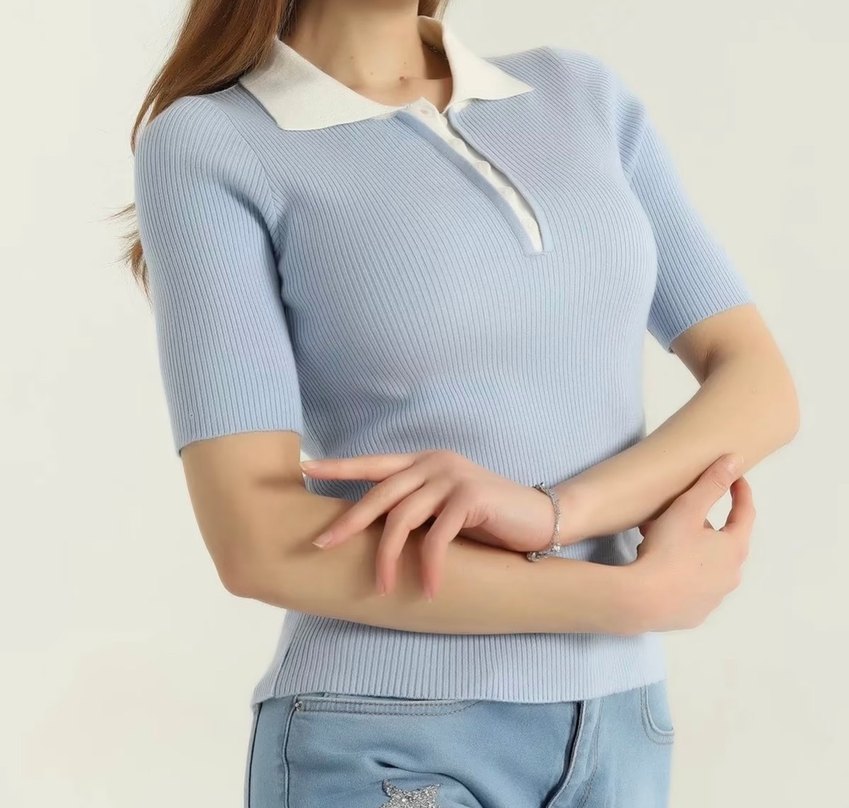 Düğmeli Bej Yakalı Kısa Kollu Kadın bluz - Görsel 2