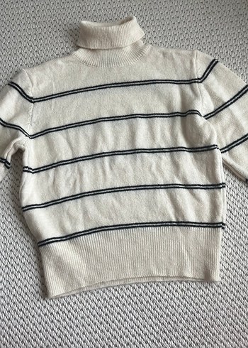 Bej Çizgili Boğazlı Örgü Kadın Kazak - Görsel 2