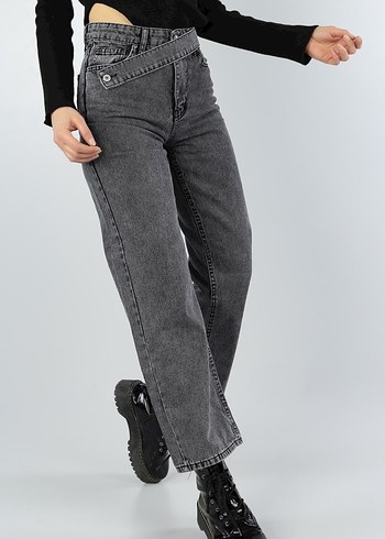 Gri Kemerli Bol Kesim Midi Kot Pantolon - Görsel 2