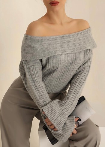 Gri Kayık Yaka Örgü Kadın Kazak - Görsel 2