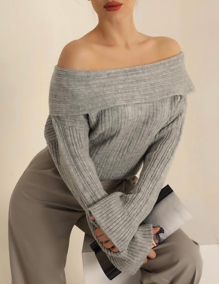 Gri Kayık Yaka Örgü Kadın Kazak - Görsel 2