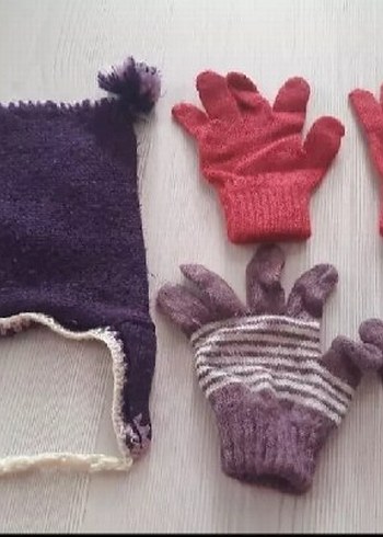 Renkli Nakışlı Örgü Çocuk Eldivenleri ve Bere - Görsel 2