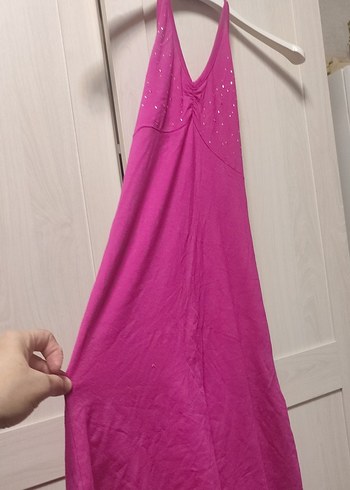 Pembe Straplez Uzun Drapeli Kadın gecelik - Görsel 2