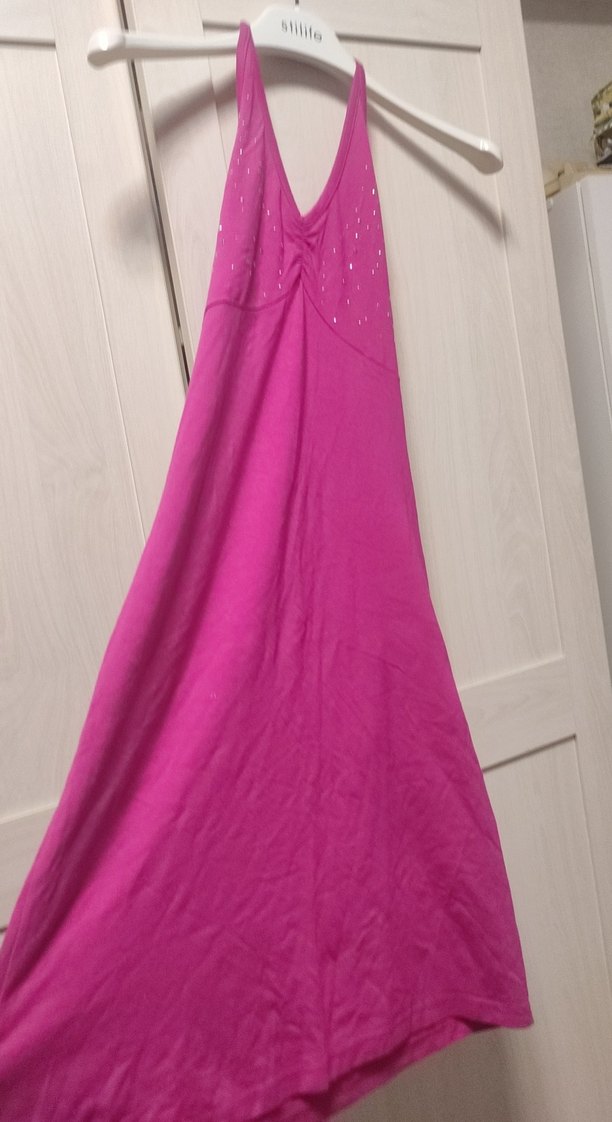 Pembe Straplez Uzun Drapeli Kadın gecelik - Görsel 3