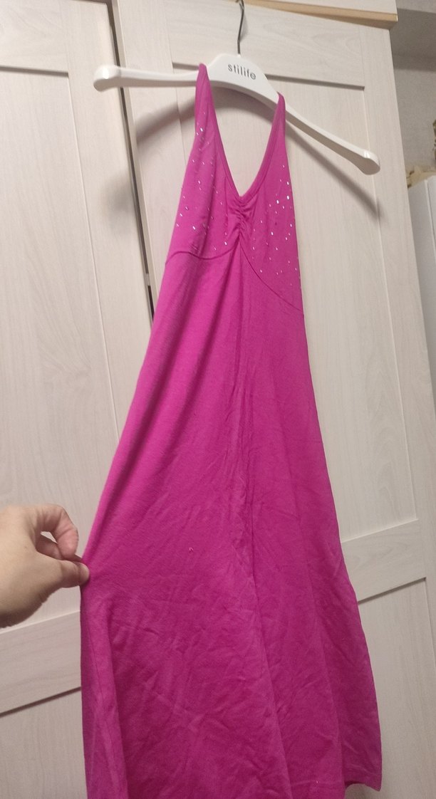 Pembe Straplez Uzun Drapeli Kadın gecelik - Görsel 2