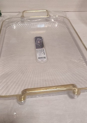 Altın Saplı Şeffaf Dikdörtgen Tepsi - Görsel 3