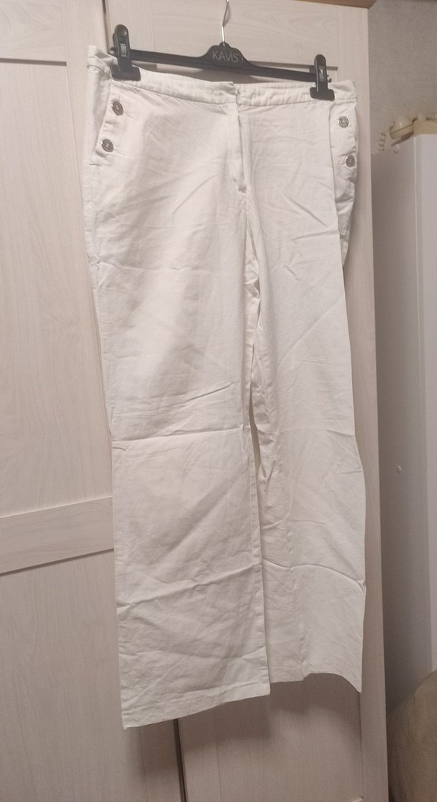 Düğmeli Beyaz Keten Pantolon 42beden çalışan kadınlar için tarz - Görsel 2