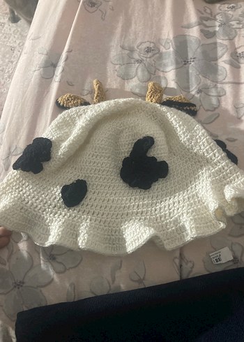 İnek desenli Beyaz Siyah Örgü Kadın Şapka - Görsel 2