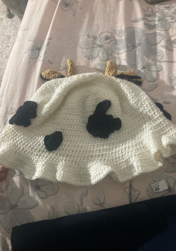 İnek desenli Beyaz Siyah Örgü Kadın Şapka - Görsel 2