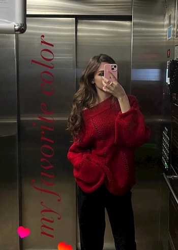 Kırmızı Bohem Örgü Kadın Kazak - Görsel 2