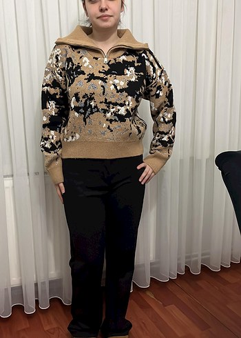 Kahverengi Yılan Desenli Triko Kadın Kazak - Görsel 2