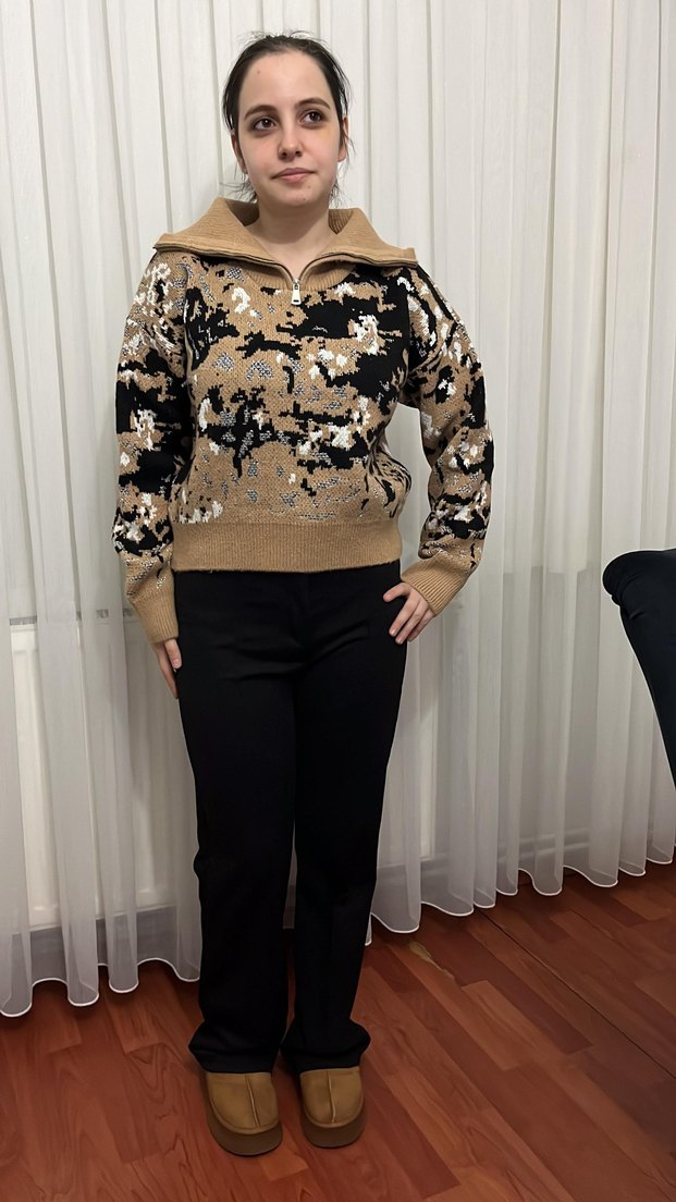 Kahverengi Yılan Desenli Triko Kadın Kazak - Görsel 2