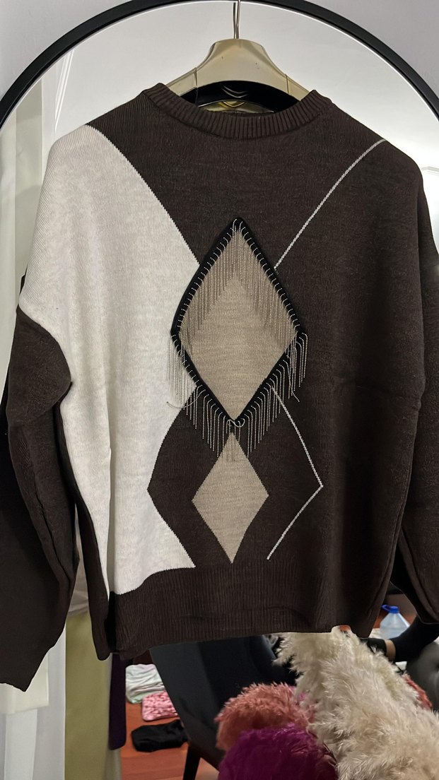 Bohem Tarz Kahverengi Nakışlı Triko Kazak - Görsel 2