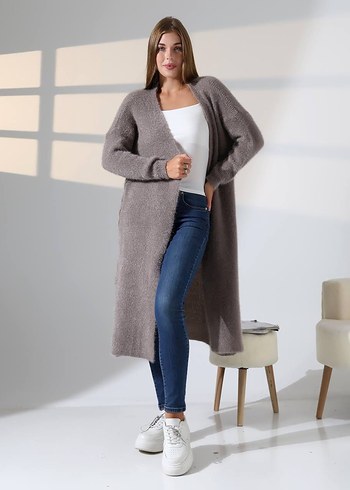 Kadın Uzun Örgü Kahverengi Hırka - Görsel 5