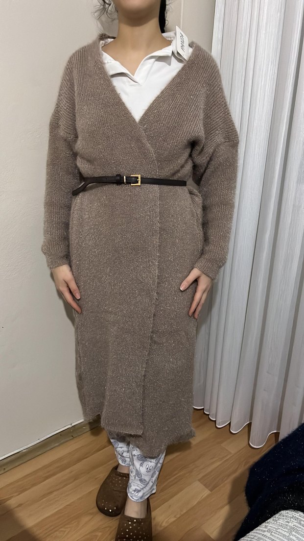 Kadın Uzun Örgü Kahverengi Hırka - Görsel 4