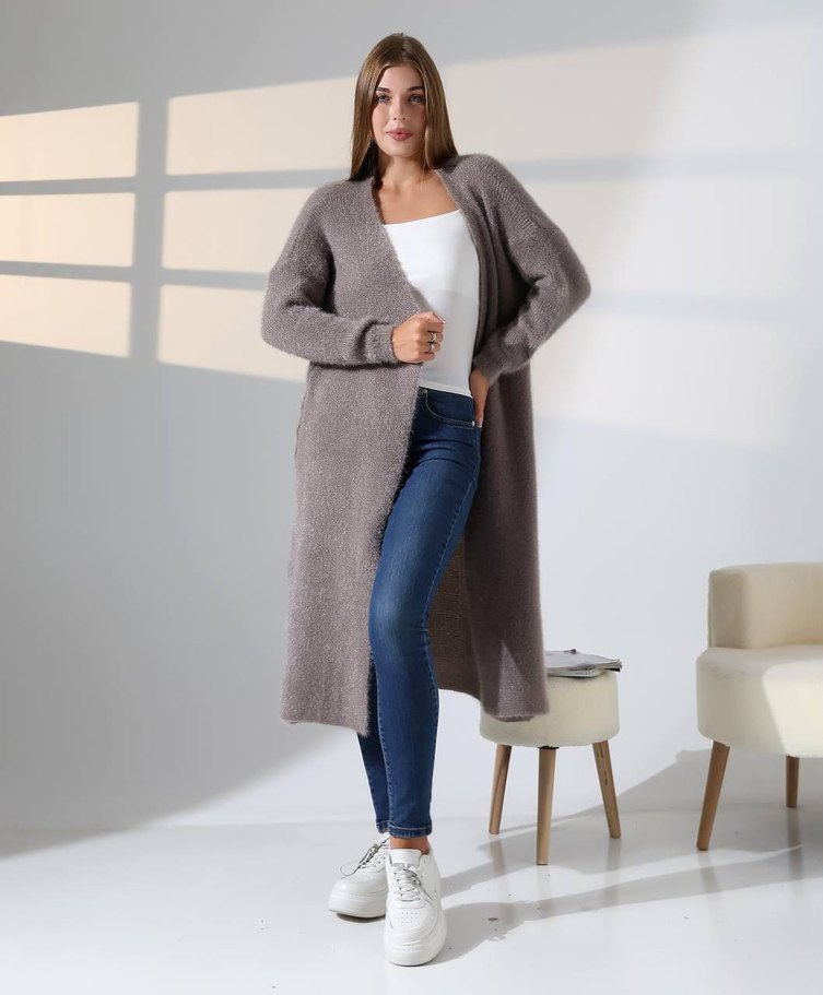 Kadın Uzun Örgü Kahverengi Hırka - Görsel 5