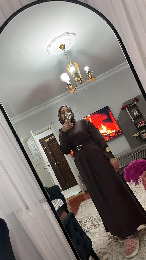 Kahverengi Kemerli Uzun Kadın Elbise - Görsel 2