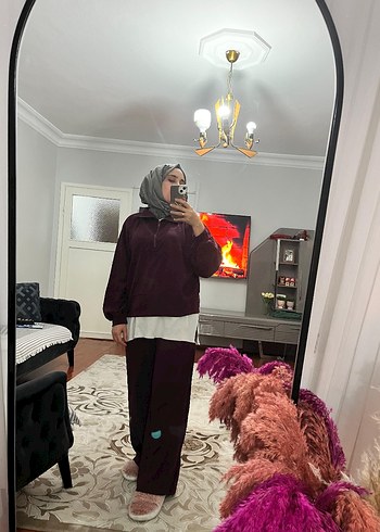 Bordo Yarım Fermuarlı Yüksek Yaka Sweatshirt - Görsel 4