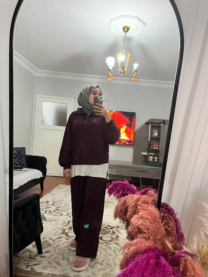 Bordo Yarım Fermuarlı Yüksek Yaka Sweatshirt - Görsel 4