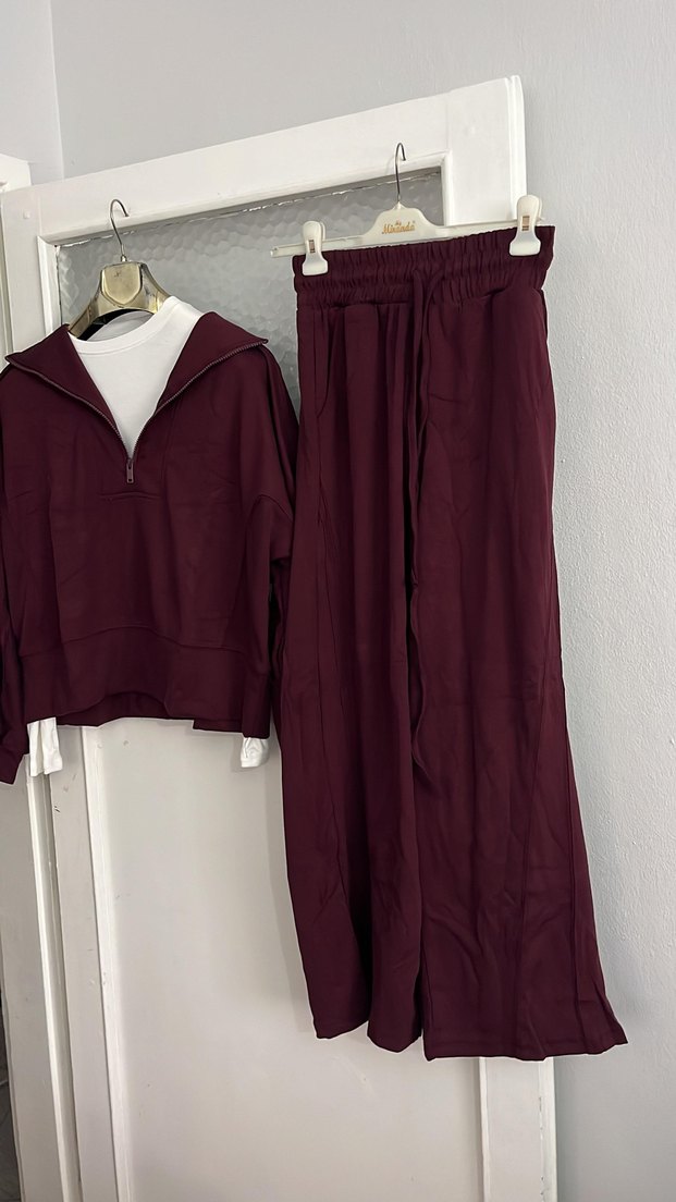 Bordo Yarım Fermuarlı Yüksek Yaka Sweatshirt - Görsel 2