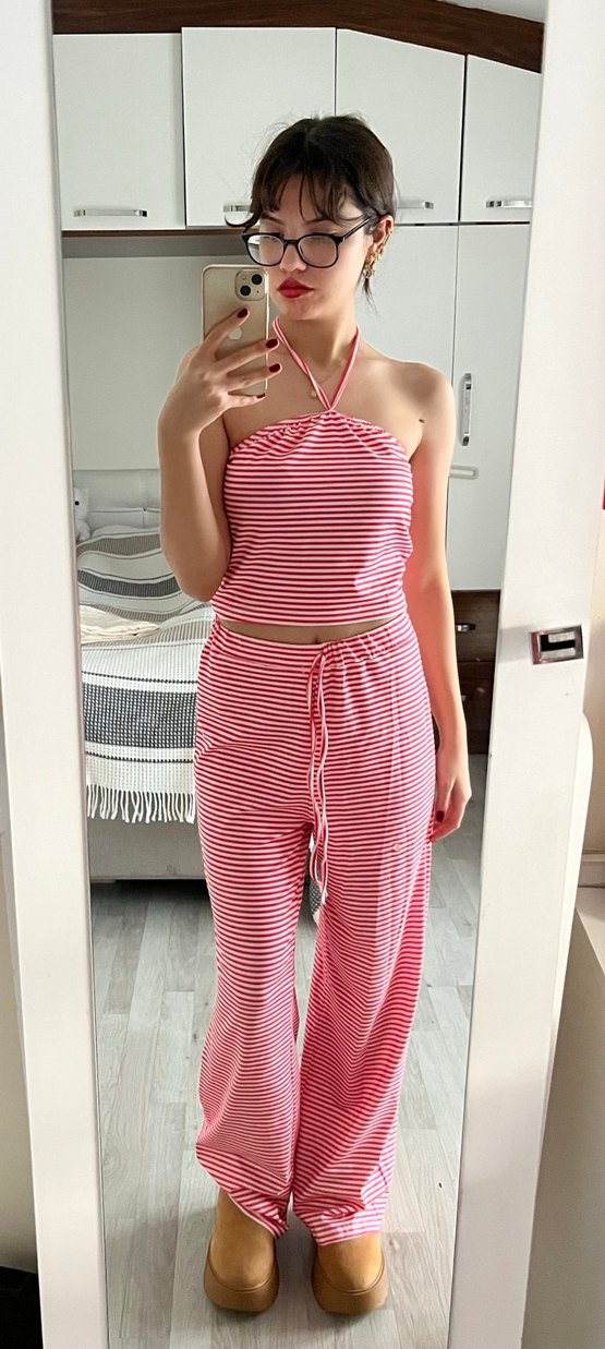 Pembe Çizgili Straplez Hamile Tulum - Görsel 2