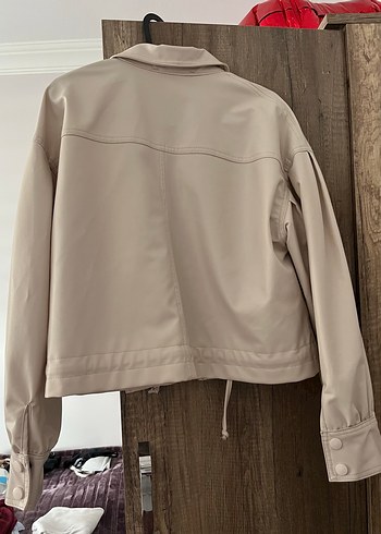 Bej Kadın Deri Düğmeli Ceket - Görsel 4