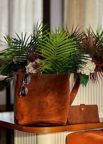 Kahverengi Deri Bohem Kadın Çanta - Görsel 5