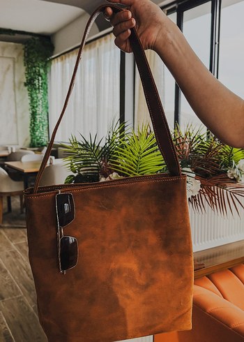 Kahverengi Deri Bohem Kadın Çanta - Görsel 3