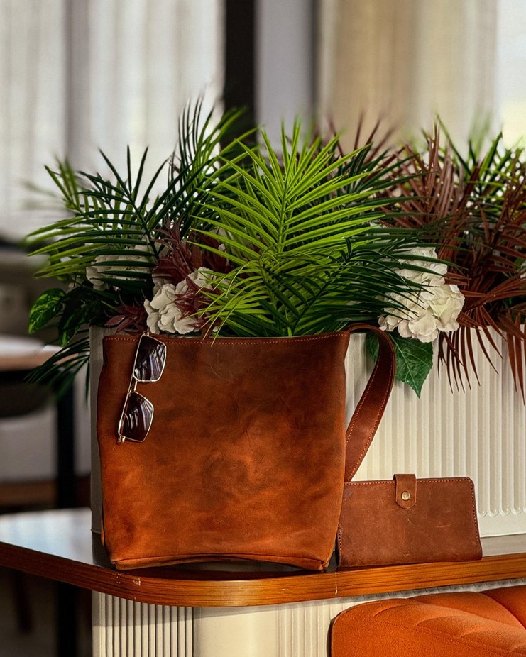 Kahverengi Deri Bohem Kadın Çanta - Görsel 5