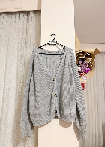 Düğmeli Gri Triko Kadın Hırka - Görsel 3