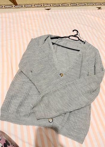 Düğmeli Gri Triko Kadın Hırka - Görsel 2