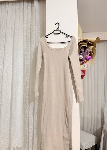 Bej Uzun kollu sezonluk  Triko Elbise - Görsel 3