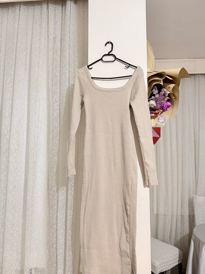 Bej Uzun kollu sezonluk  Triko Elbise - Görsel 3